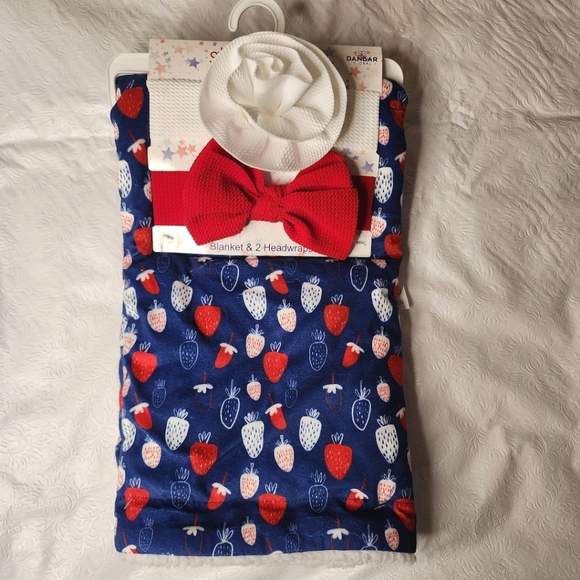 Baby Blanket 30" x 40" and 2 Headwraps Blue Red Strawberries 3-pc Gift Set NWT - Picture 1 of 8